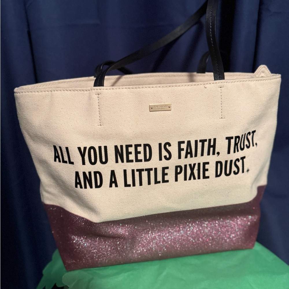 Disney Kate Spade Canvas Tote Bag with Pink Glitter Accent and Inspiring Quote